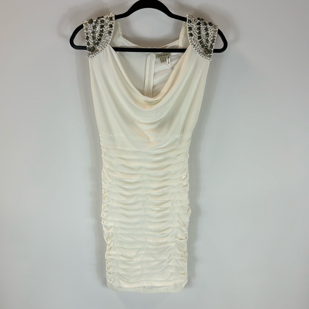 Fitted White Party Dress with Beaded Shoulders